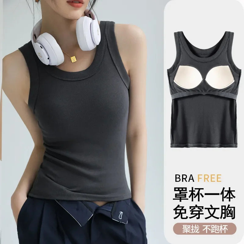 Women's Round Neck Ribbed Tank Top with Wide Straps and Padded Bust