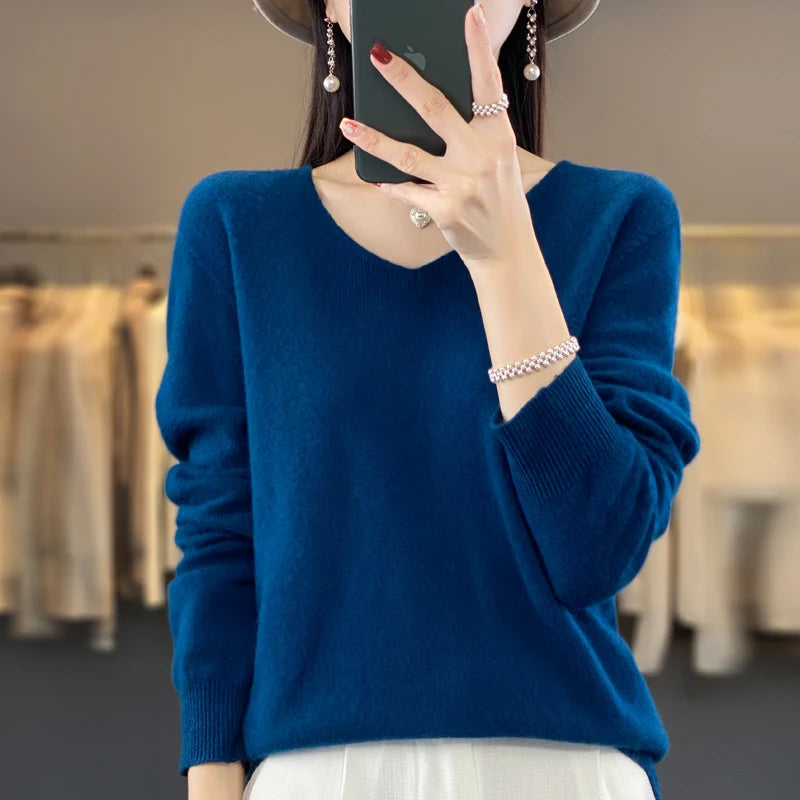 Women's V Neck Long Sleeve Sweater Casual Knit Layer