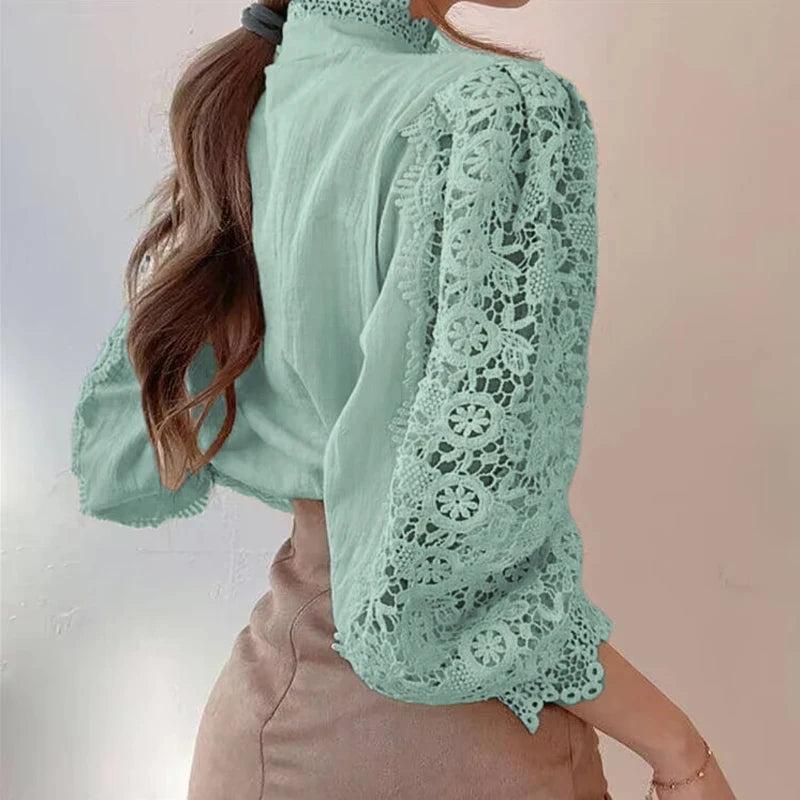 Women's Lace Stand Collar Long Sleeve Button Front Blouse