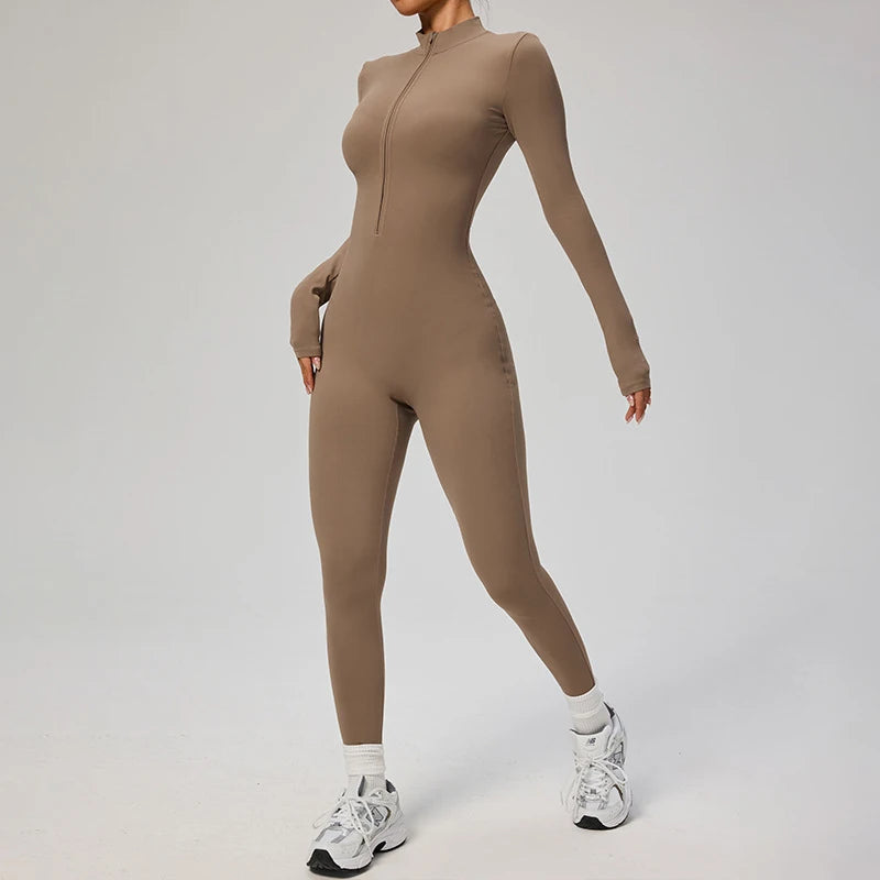 Women's Long Sleeve Nylon Blend Workout Jumpsuit with Zip Front Collar