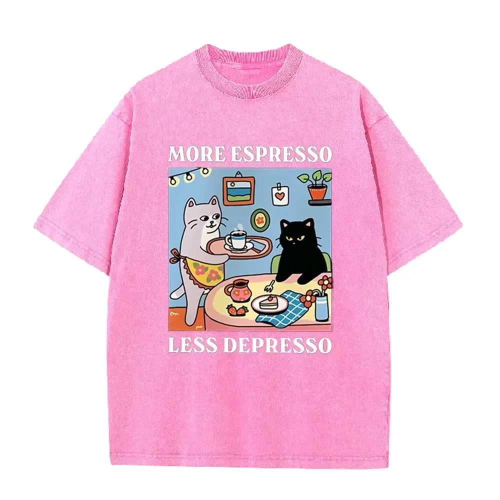Vintage Black Cat Coffee T Shirt More Espresso Less Depresso Graphic Acid Wash Tee
