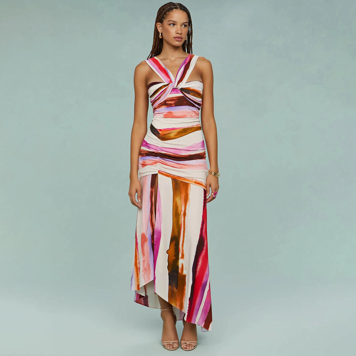 Striped Cutout One-Piece Swimsuit with Long Skirt