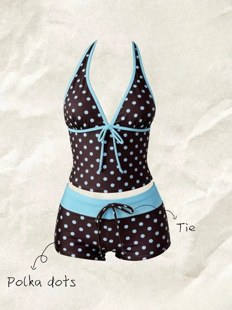 Polka Dot Halter Tankini with Swim Shorts