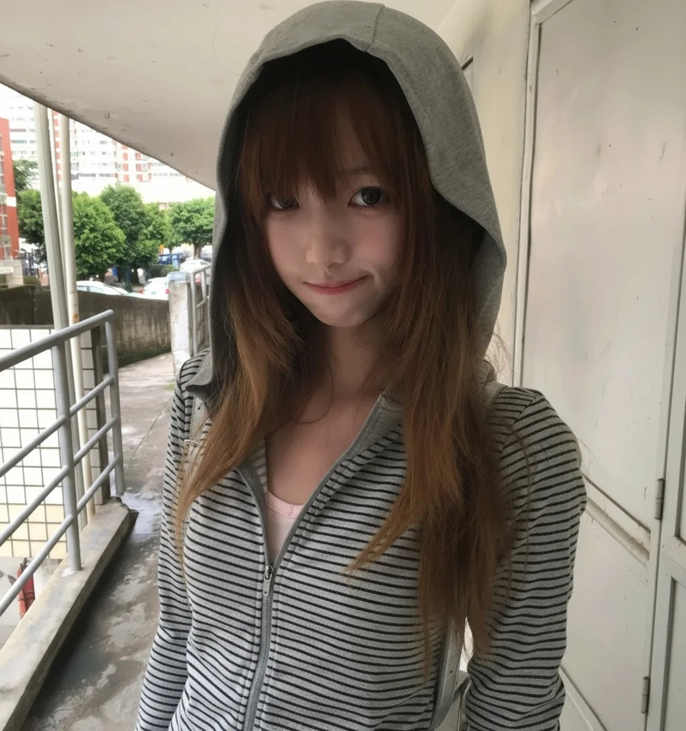 Striped Long Sleeve Full Zip Casual Hoodie for Layering