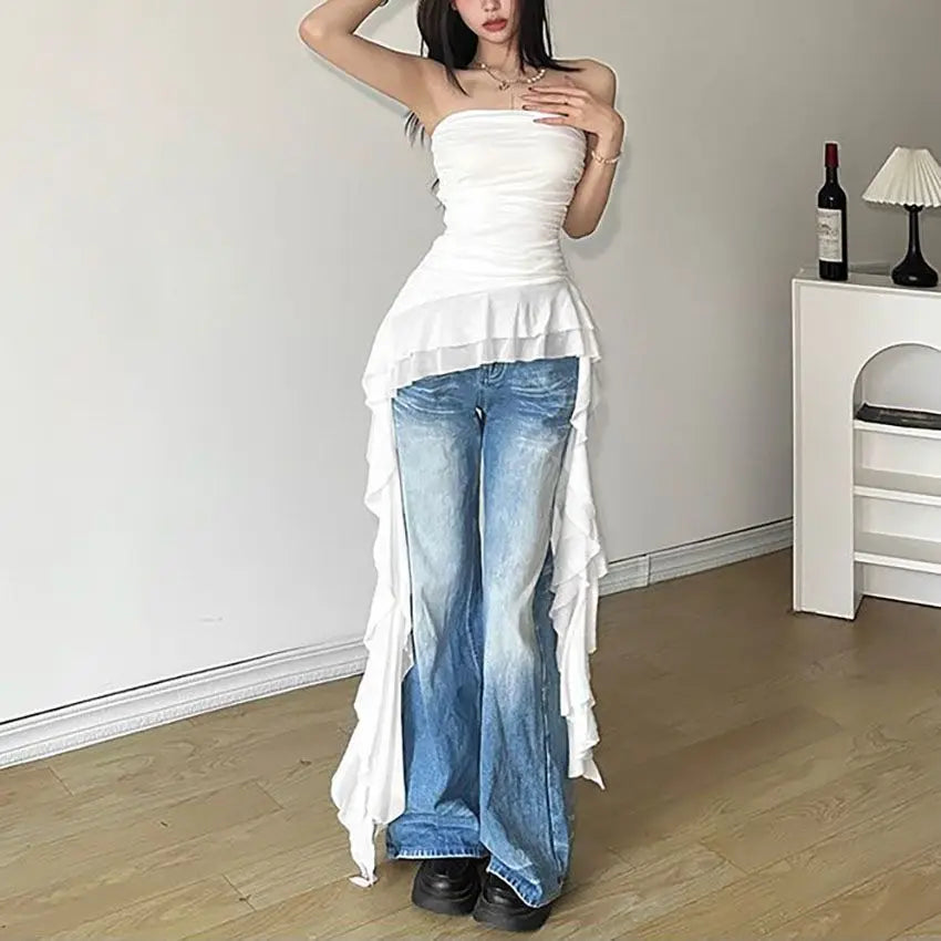 Women's Strapless Crop Top with a Cropped Length and Fringe Hem