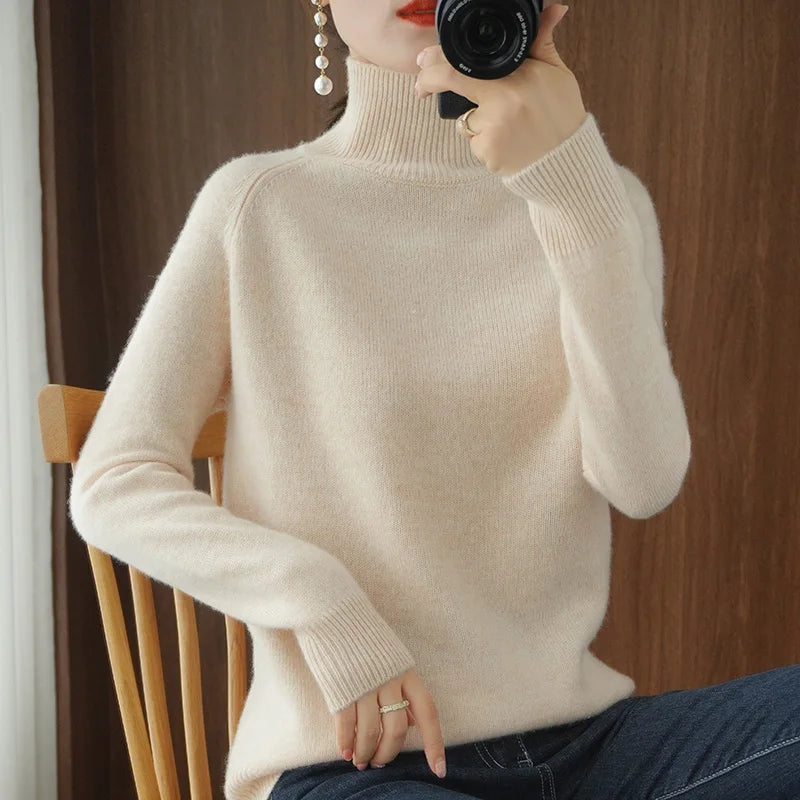 Women's Plain Ribbed Roll Neck Sweater Casual Knit Layer