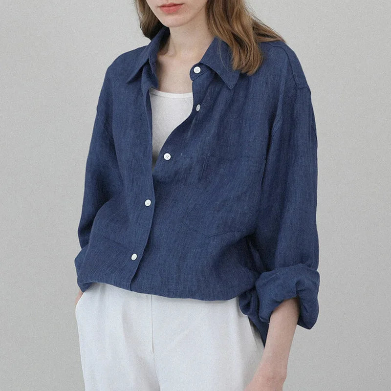 Women's Linen Long-Sleeve Loose Collared Button-Up Shirt for Casual Summer Everyday Outfits