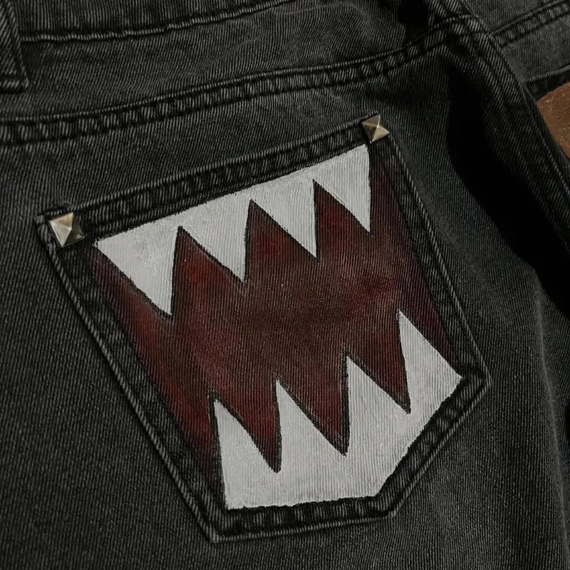 Men's Tooth Embroidered Wide Leg Denim Jeans for Casual Everyday Wear
