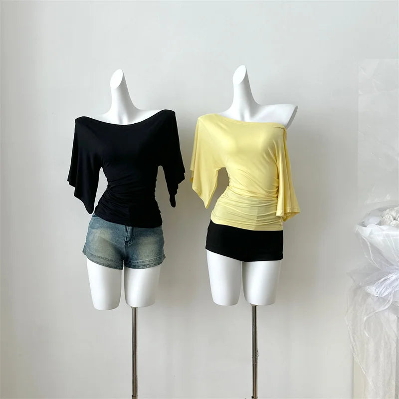 Women's Solid Polyester Slash Neck Blouse with Flared Sleeves and a Fitted Shape