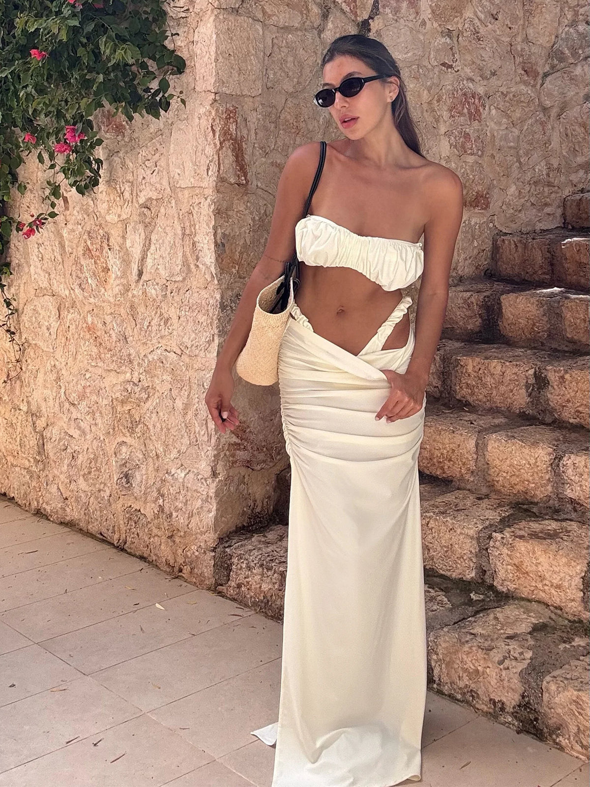 Ruched Bandeau Bikini with Maxi Skirt