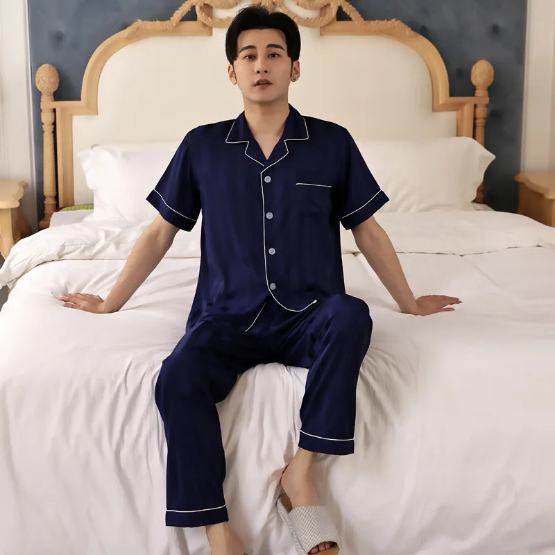Men's Printed Lapel Button Front Shirt and Pants Pajama Set