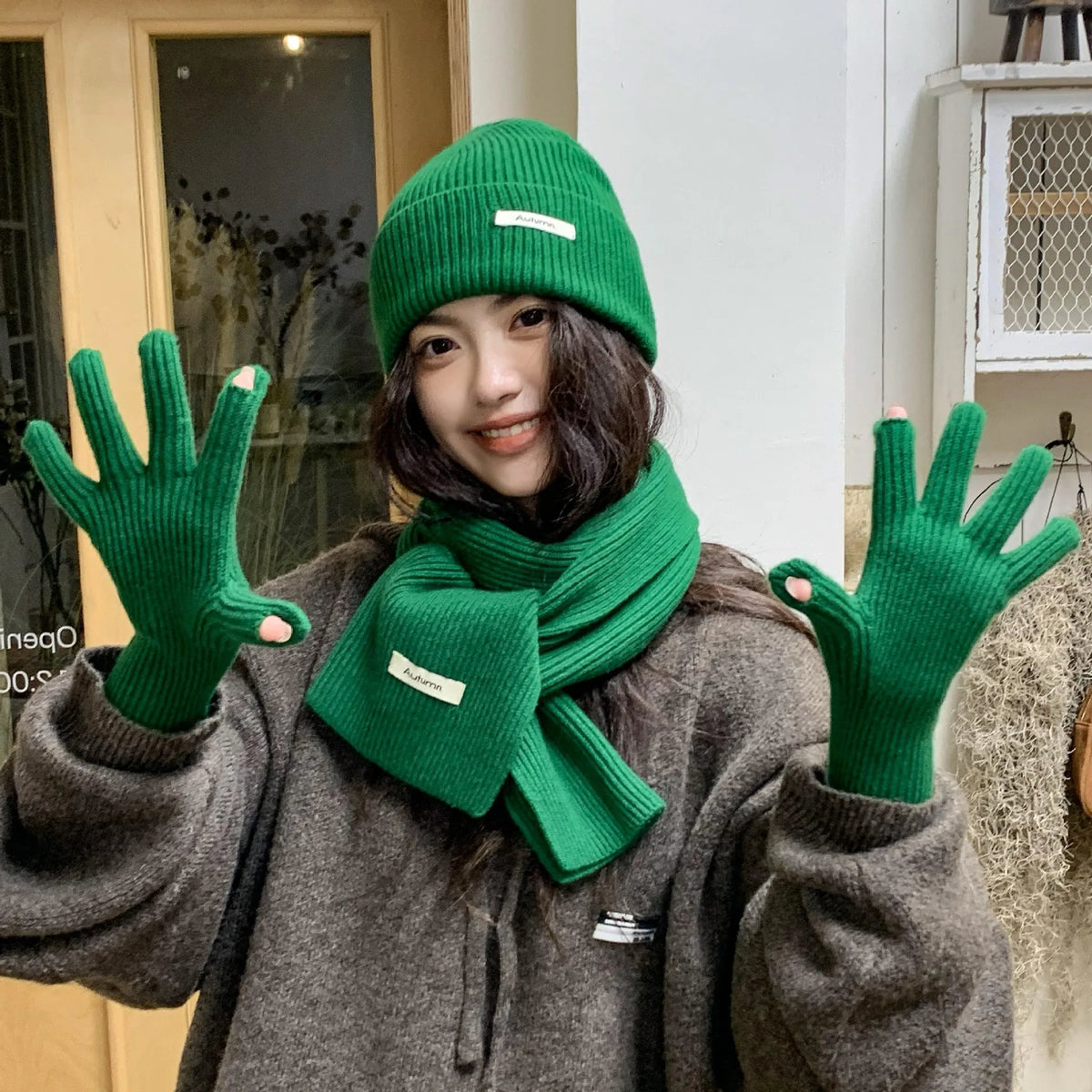 Women's Knitted Hat Scarf and Touchscreen Gloves Set for Winter Wear
