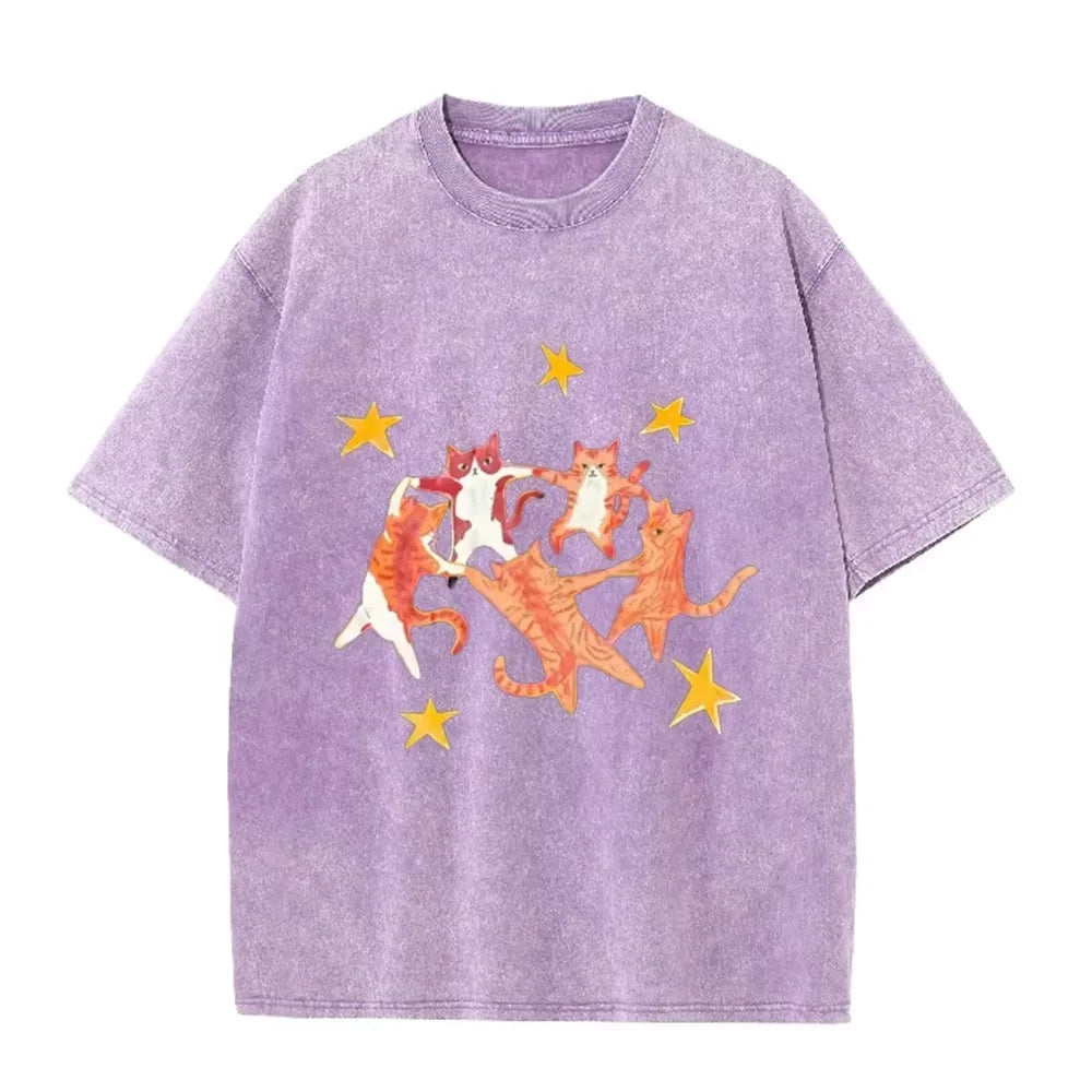 Vintage Washed Purple Dancing Orange Cats Star Print Casual Cute Animal Graphic T Shirt