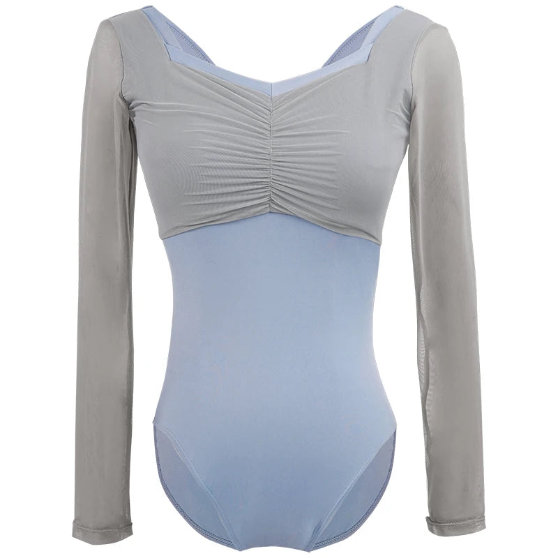 Women's Long Sleeve Ballet Leotard with Mesh Panels and V Back