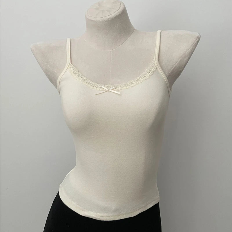 Women's Lace Trim Cotton Camisole with Bow Detail and Multiple Pattern Options