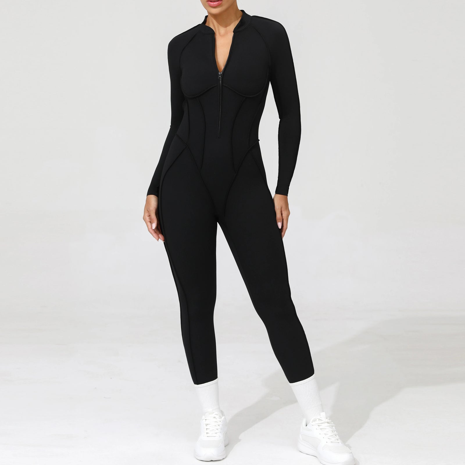 Women's Long Sleeve Zip Front Back Cutout Workout Jumpsuit