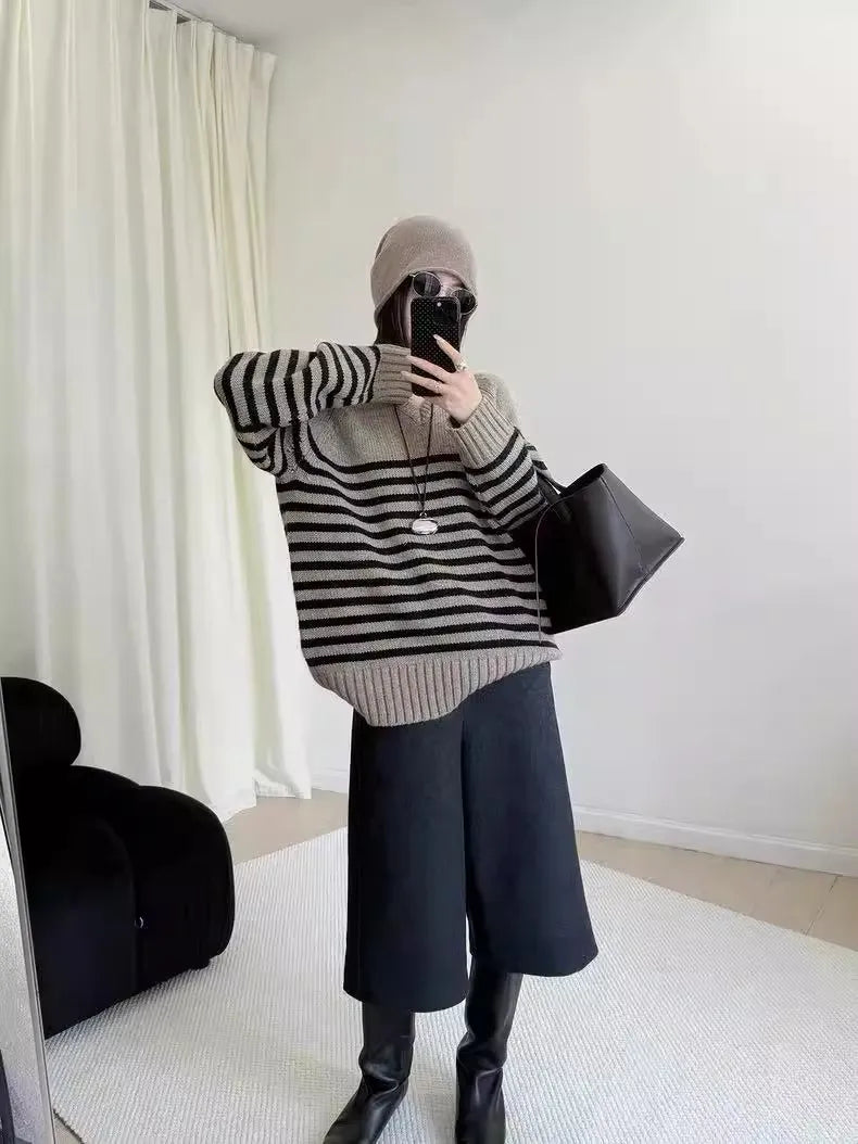 High-end V-neck striped 100% wool knitted sweater loose pullover sweater women wool base layer