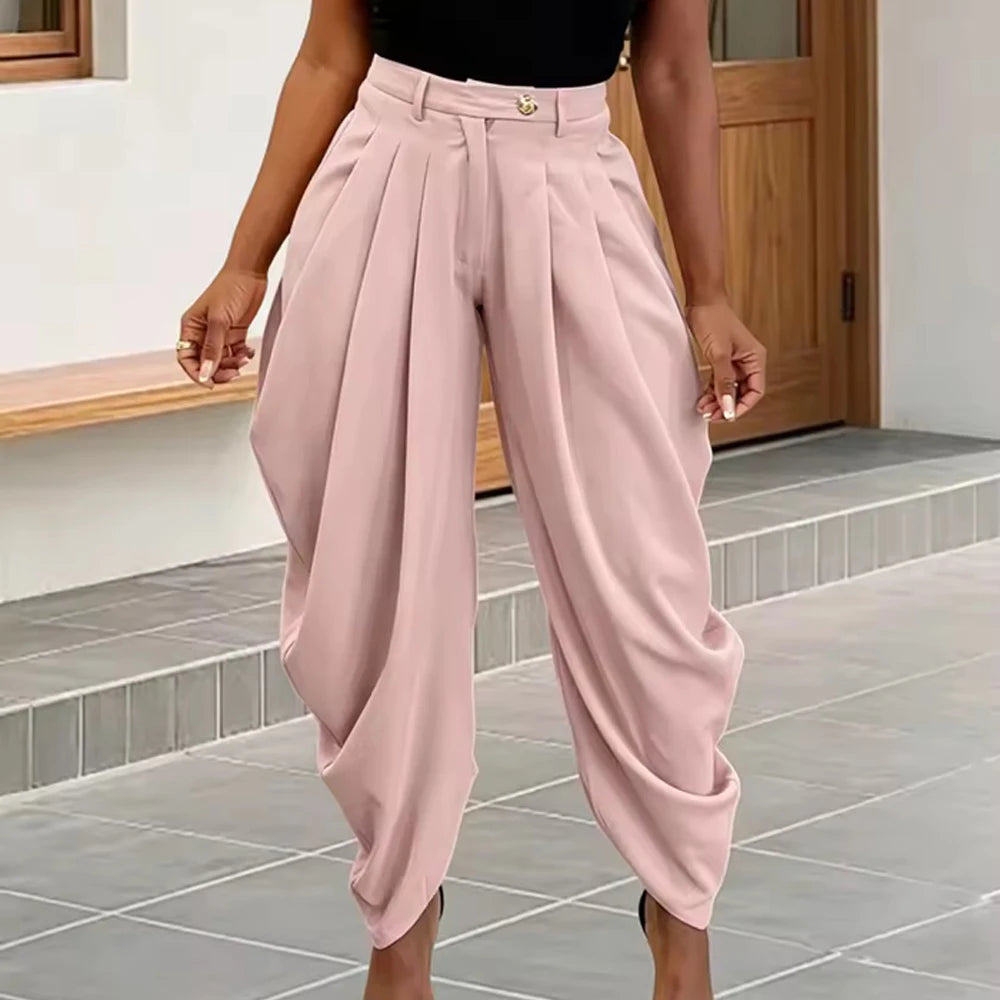 Women's Pleated Harem Pants with Tapered Legs and Waistband