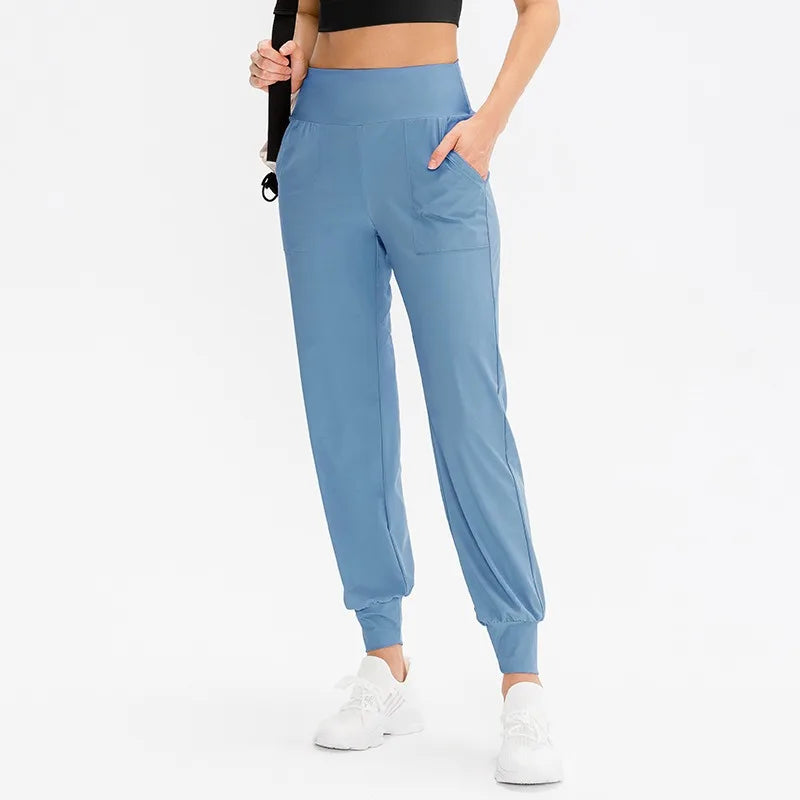 Women's High Waist Nylon Blend Workout Pants with Side Pockets and Cuffed Ankles