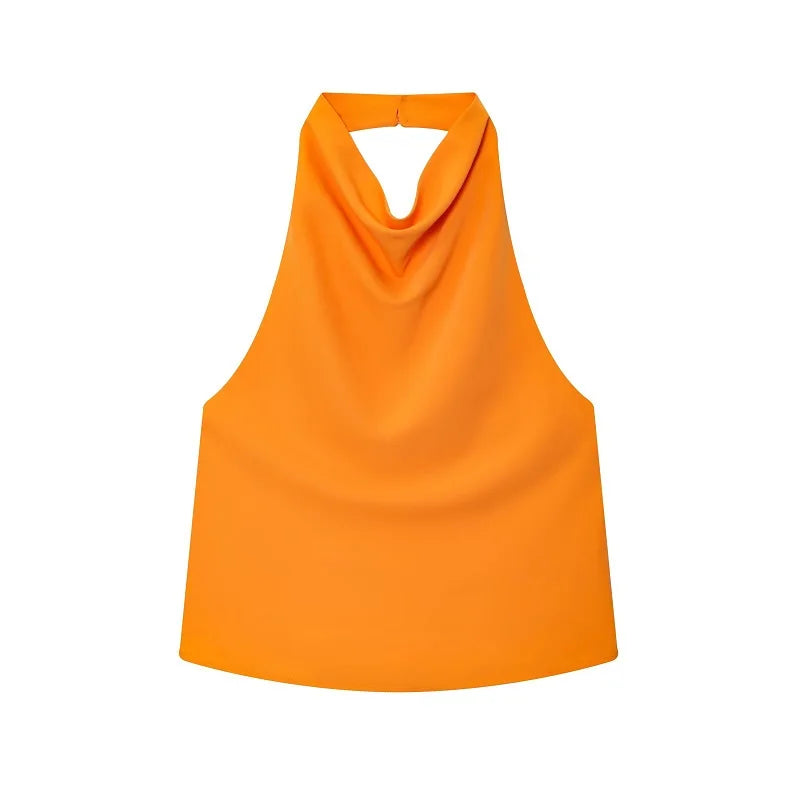 Women's Satin Polyester Halter Camisole with an Open Back and Draped Front