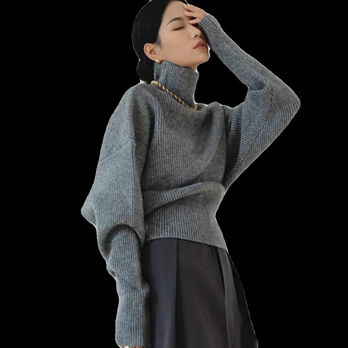 French retro high-neck pullover pure wool sweater women's short knitted base sweater waist-cinching and versatile top