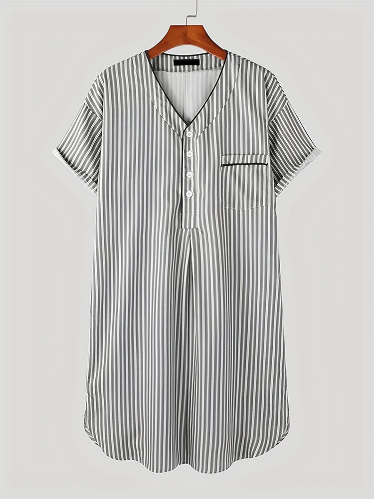 Men's Striped Short Sleeve Button Neck Lounge Nightdress