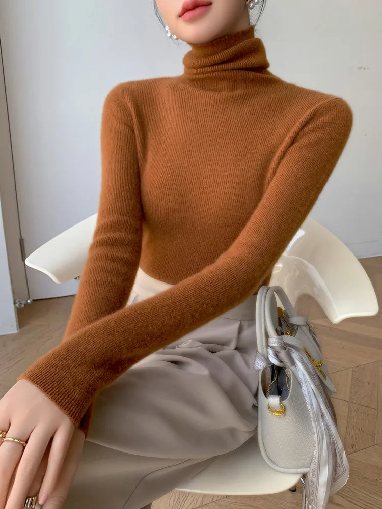 Women's Fitted Roll Neck Long Sleeve Sweater Casual Knit Layer