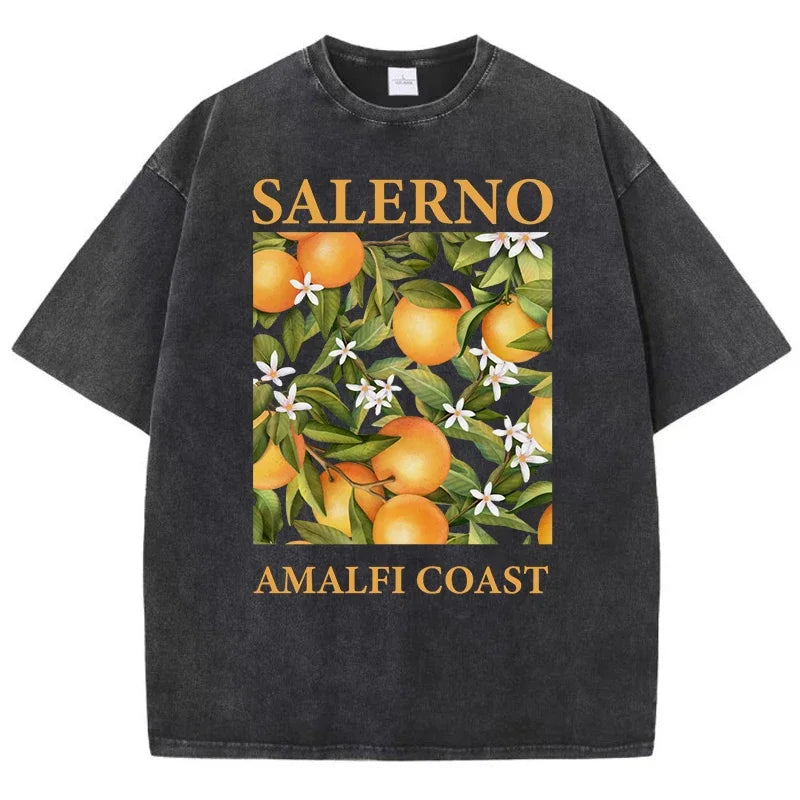 Fresh Orange Design Men's Washed Short Sleeve T-shirt Summer Casual Hip Hop Top Loose Cotton Short Sleeve