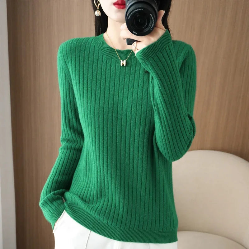 Women's Ribbed Crew Neck Long Sleeve Sweater Casual Knit Layer