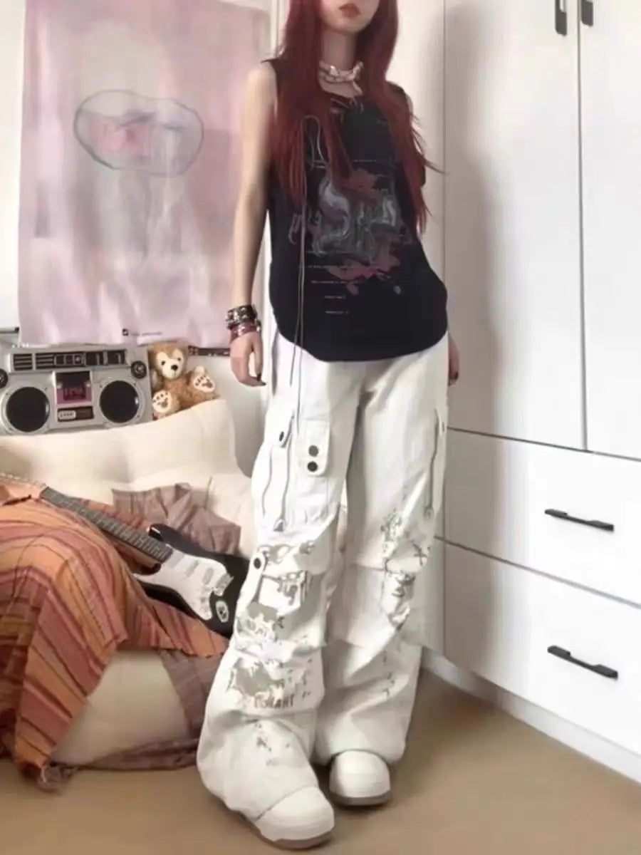 Women's Off White Wide Leg Cargo Pants with Layered Pocket Details