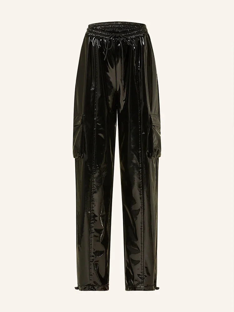 Women's Shiny Faux Leather Cargo Joggers with Drawstring Waist and Cuffs