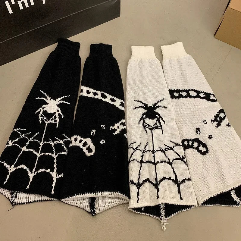 Patterned Knit Leg Warmers with Spiderweb and Heart Designs