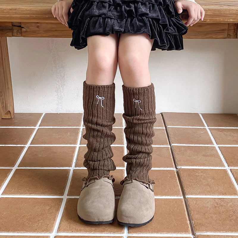 Children's Ribbed Leg Warmers with Embroidered Bow and Ruffled Cuffs