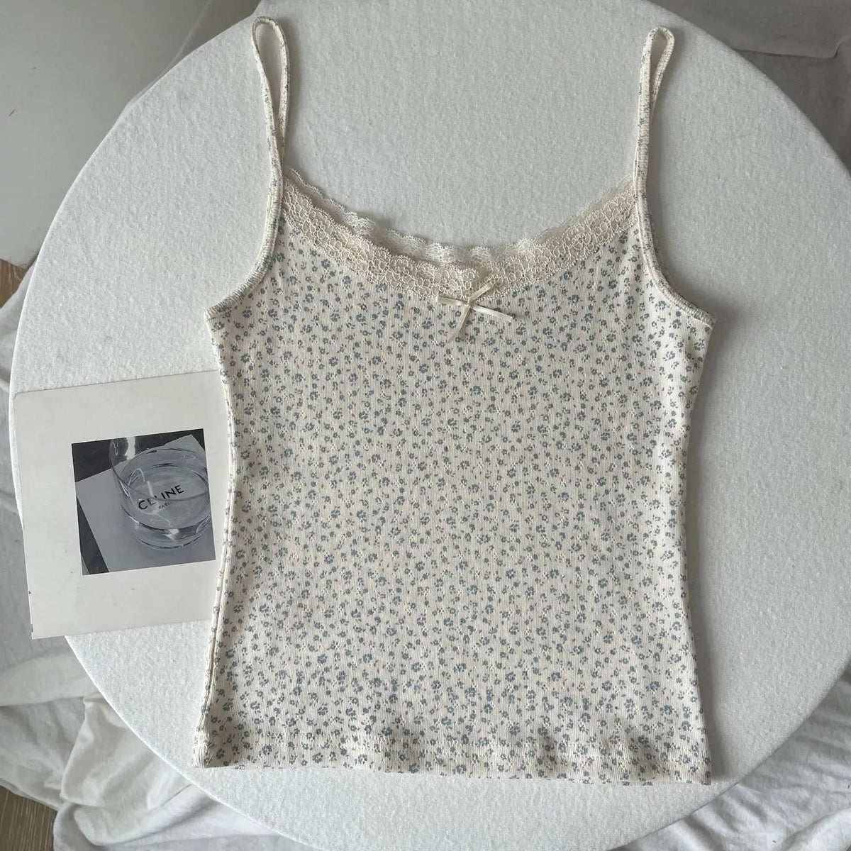 Women's Lace Trim Cotton Camisole with Bow Detail and Multiple Pattern Options