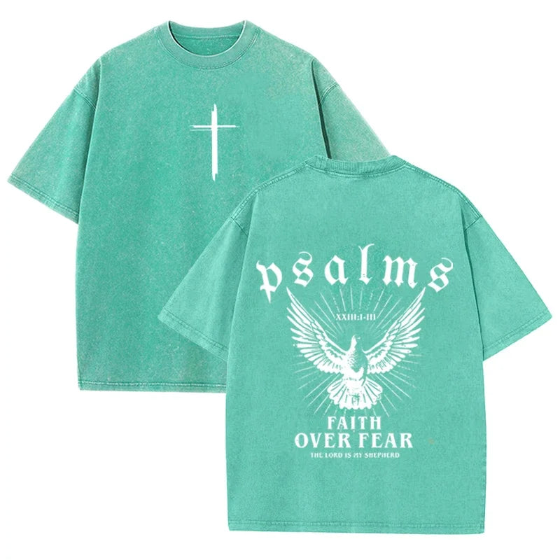 Retro Faith Over Fear T Shirt Psalms Dove Print Casual Washed Religious Streetwear
