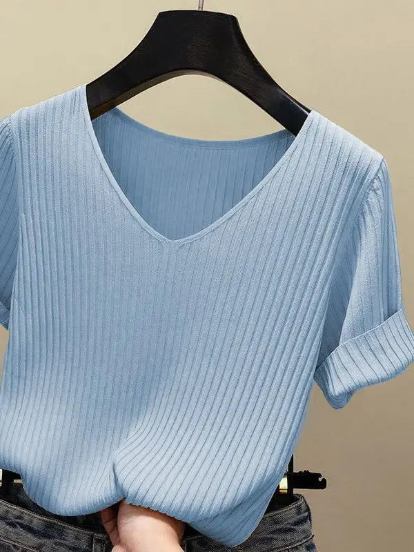 Women's V Neck Short Sleeve Sweater Casual Knit Layer