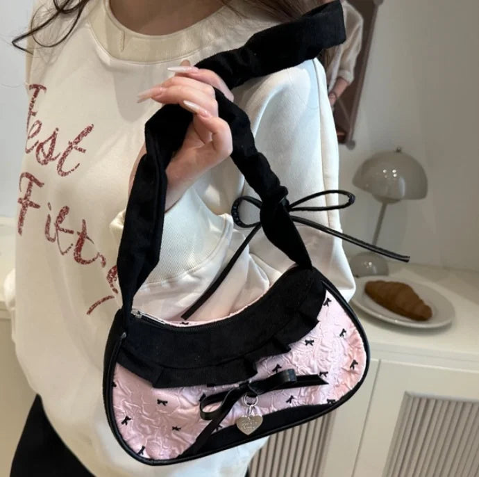 Ribbon Shoulder Handbag with Gathered Handle and Decorative Lace