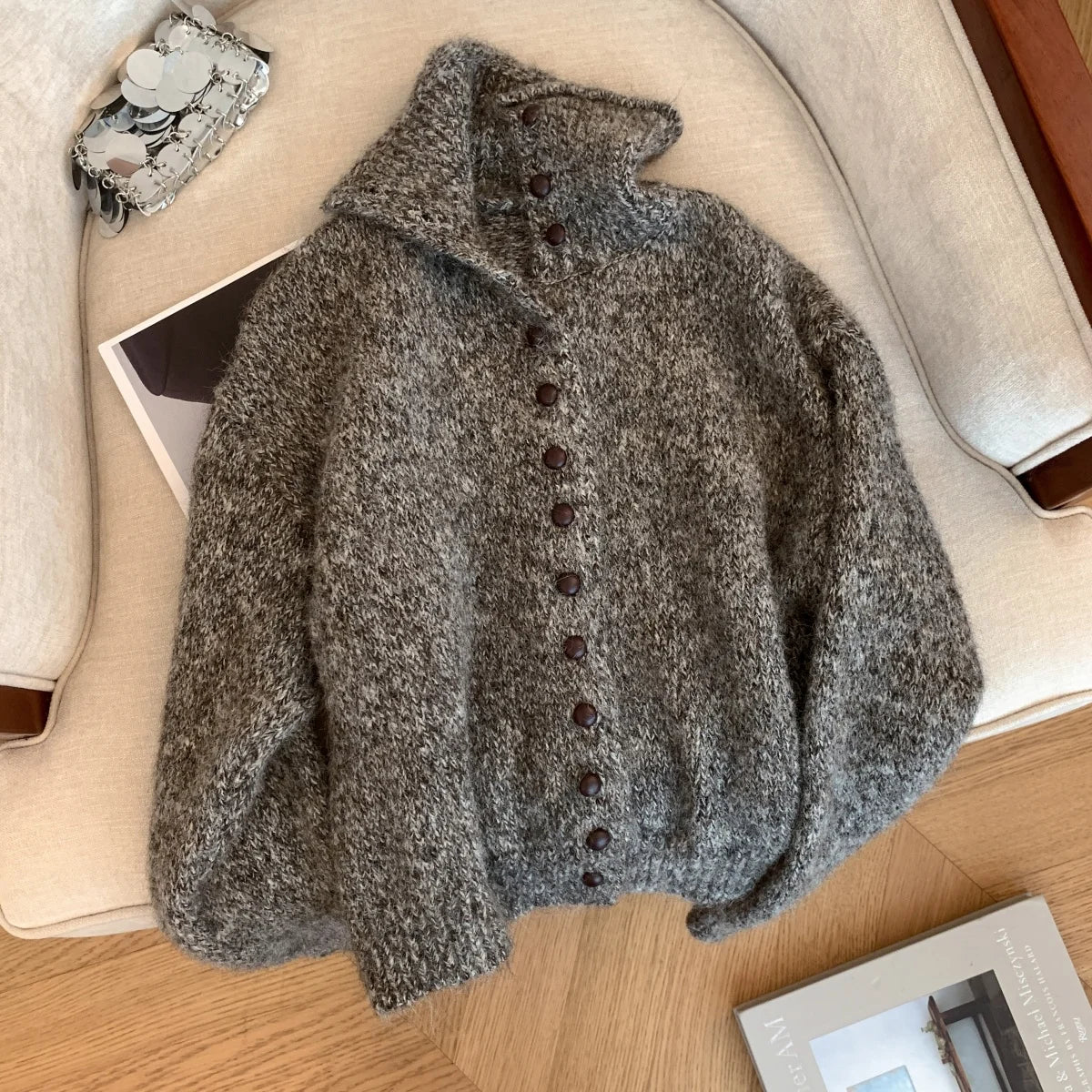 Women's Fluffy High Neck Button Front Cardigan Casual Knit Layer