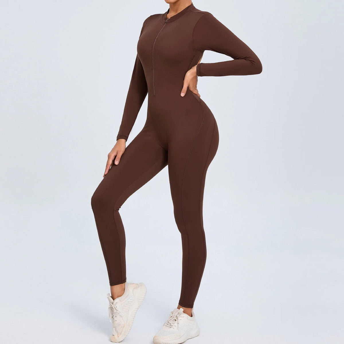 Women's Long Sleeve Nylon Blend Workout Jumpsuit with Zipper and Open Back