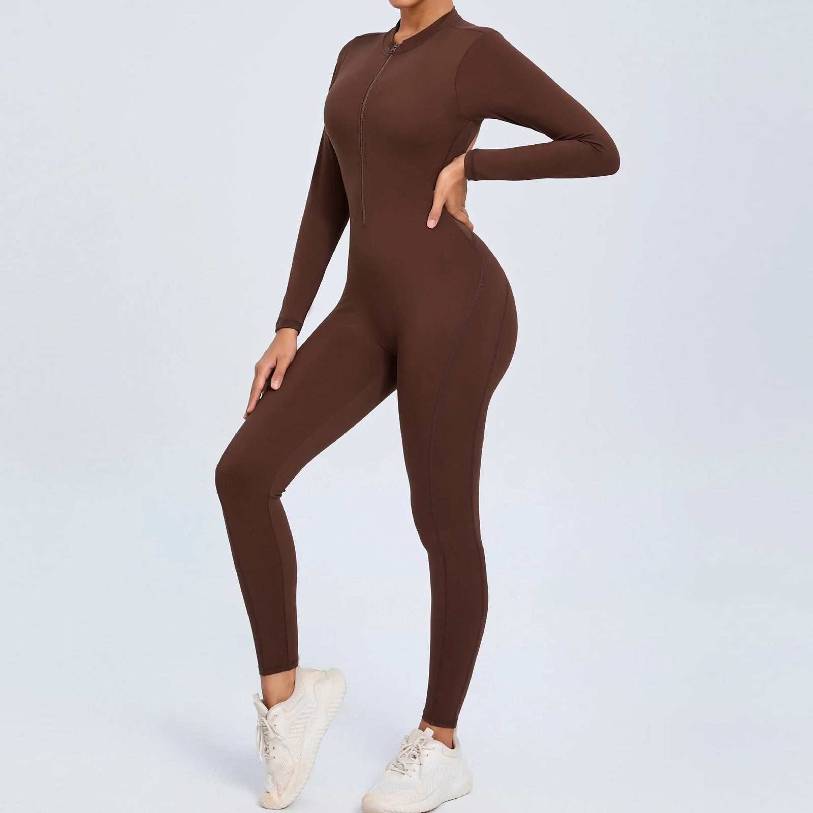 Women's Long Sleeve Nylon Blend Workout Jumpsuit with Zipper and Open Back