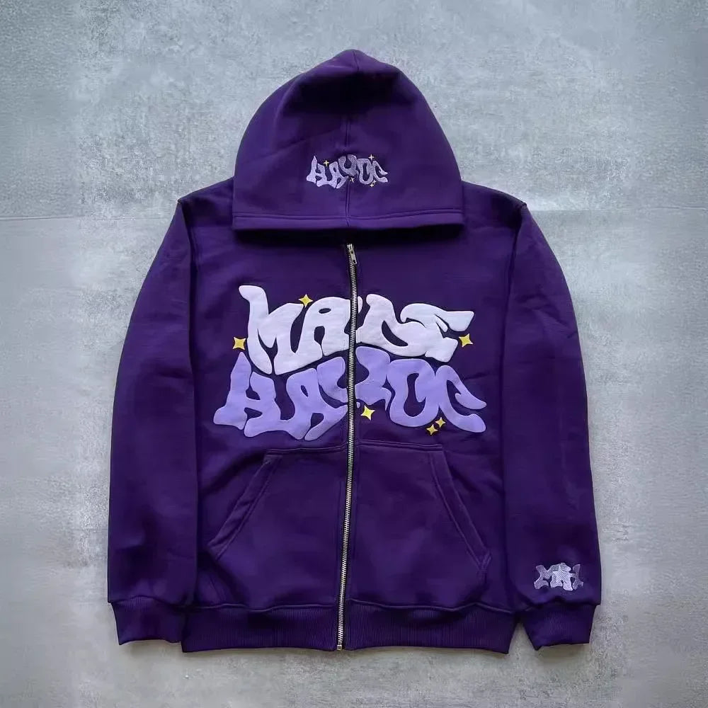 Men's Letter-Print Fleece Long-Sleeve Zip-Front Hoodie