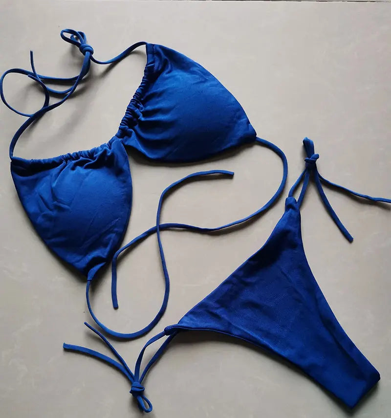 Women's Tie String Triangle Bikini Top and Thong Set