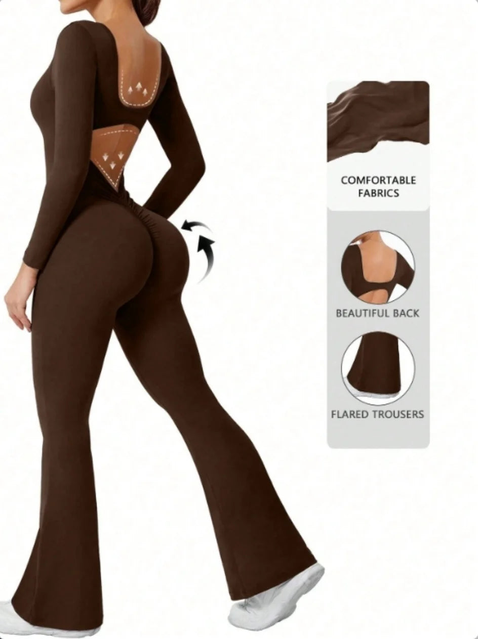 Women's Long Sleeve Nylon Blend Flared Workout Jumpsuit with Double Back Cutouts