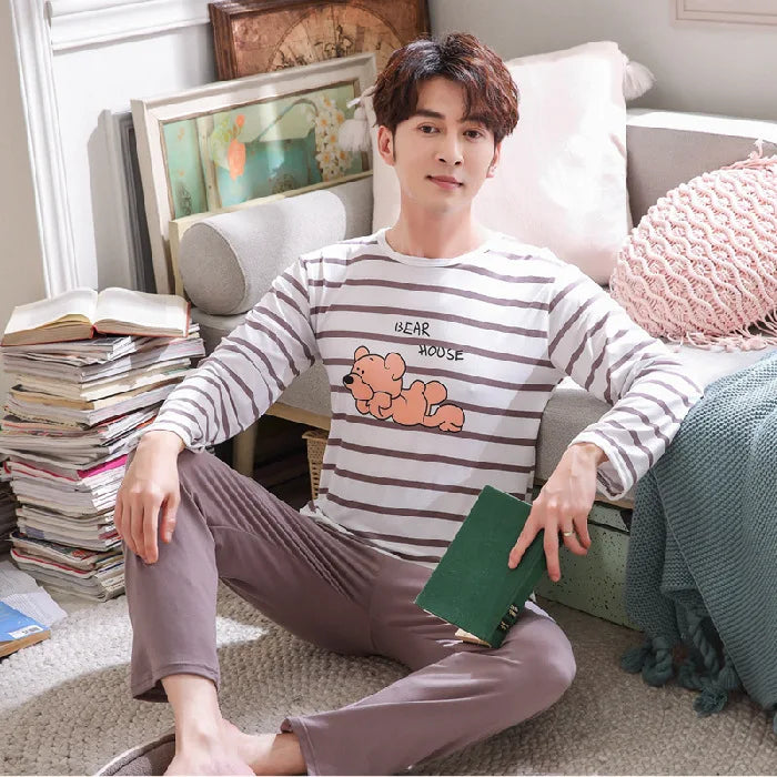 Men's Striped Graphic Long Sleeve Top and Pants Pajama Set