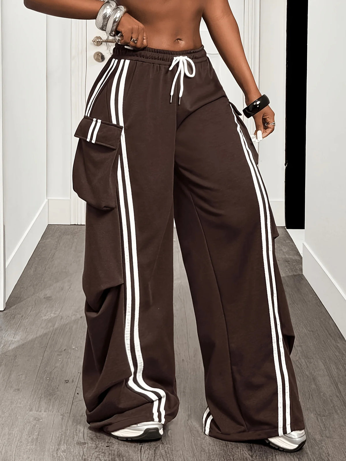 Women's Brown Wide Leg Cargo Pants with Contrast Side Stripes