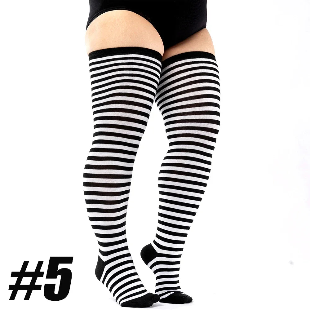 Plus Size Thigh High Socks with Striped Cuff Options
