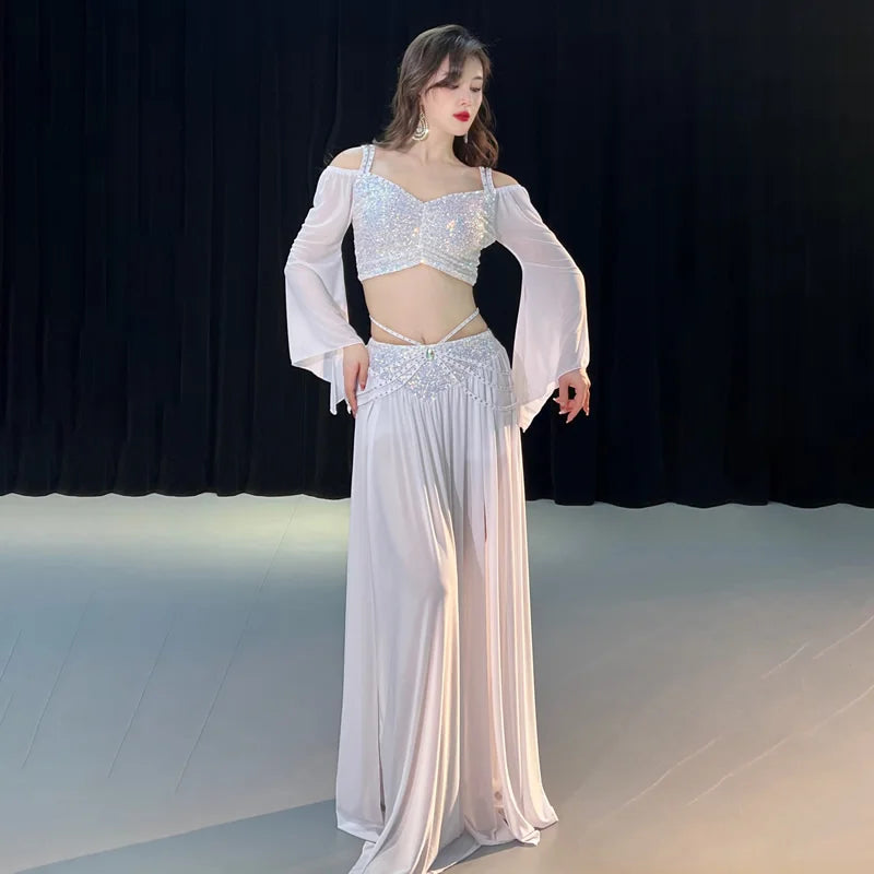 Women's Belly Dance Outfit with Flared Sleeves and Long Split Skirt