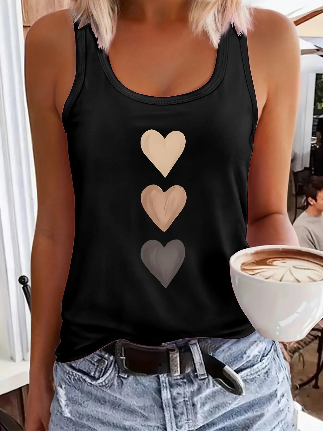 Women's Printed Polyester Tank Top with Round Neck and Relaxed Sleeveless Cut
