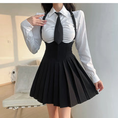 Women Size 4XL Sexy JK Uniform Suit Slim American Sugar Spicy Girls College Style Uniform Set Shirt White + Strap Pleated Skirt