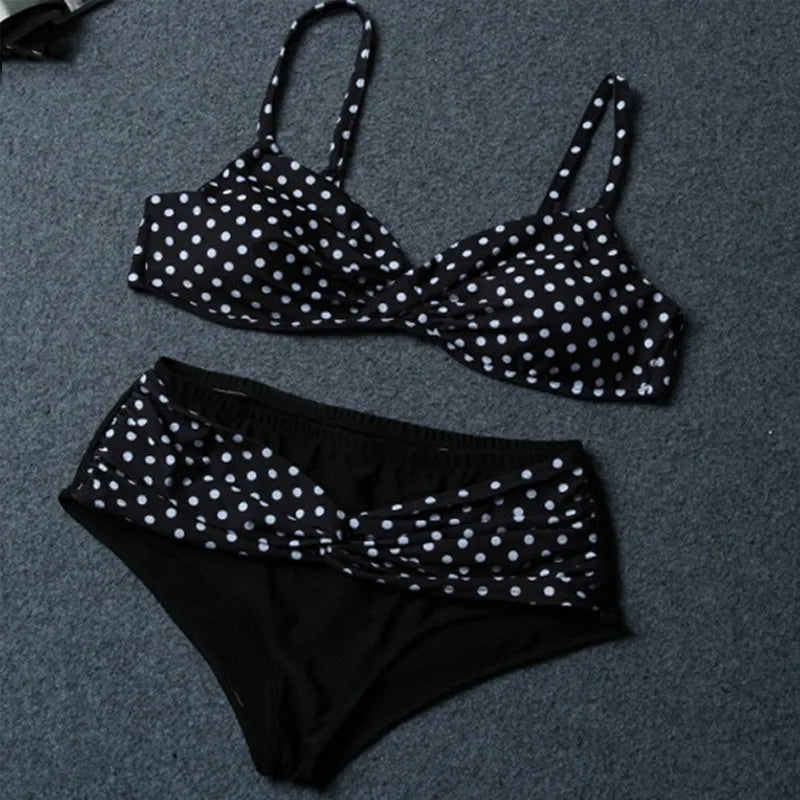 Women's Polka Dot V Neck Top and High Waist Bikini Set